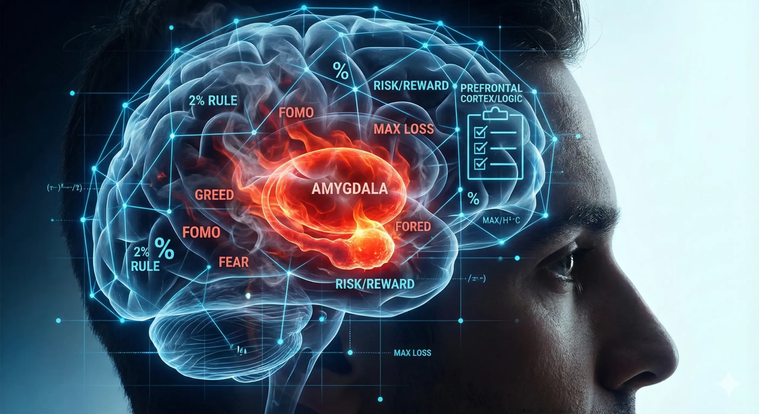 Illustration of a human brain highlighting the amygdala with risk and reward concepts, emphasizing emotions like fear and gre
