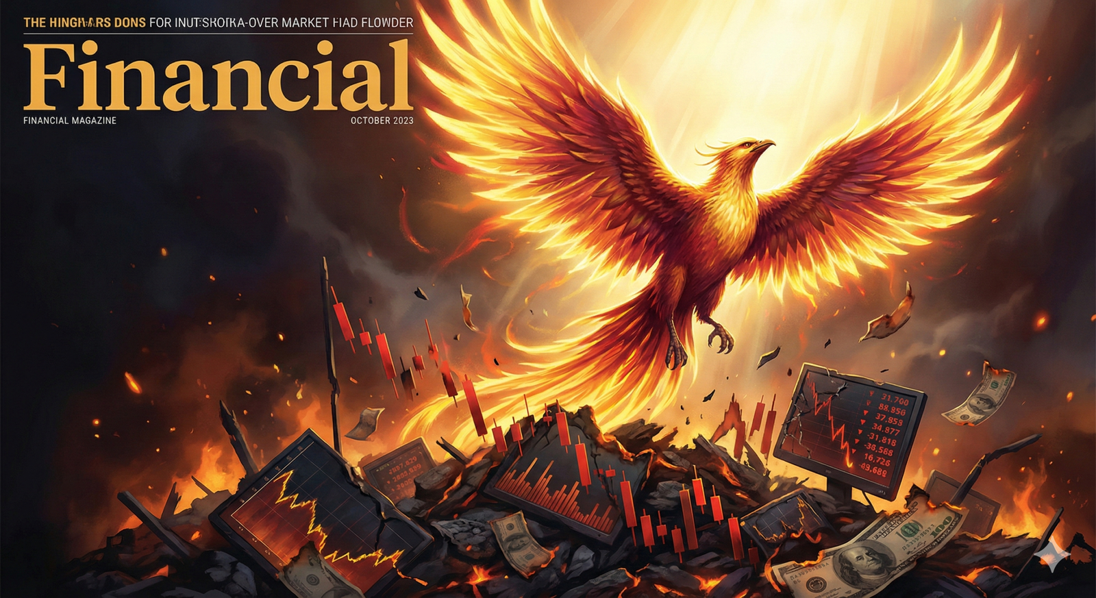 A fiery phoenix rises from market crash debris, symbolizing resilience in finance on the October 2023 cover of Financial Maga
