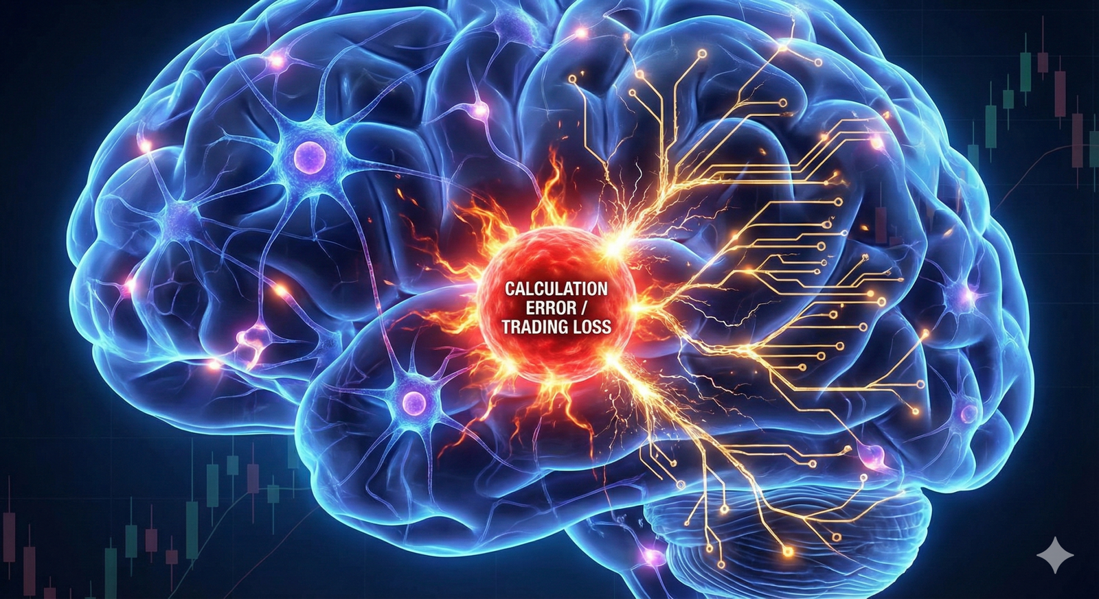 Illustration of a brain with glowing neural connections, highlighting a "Calculation Error / Trading Loss" in the center.