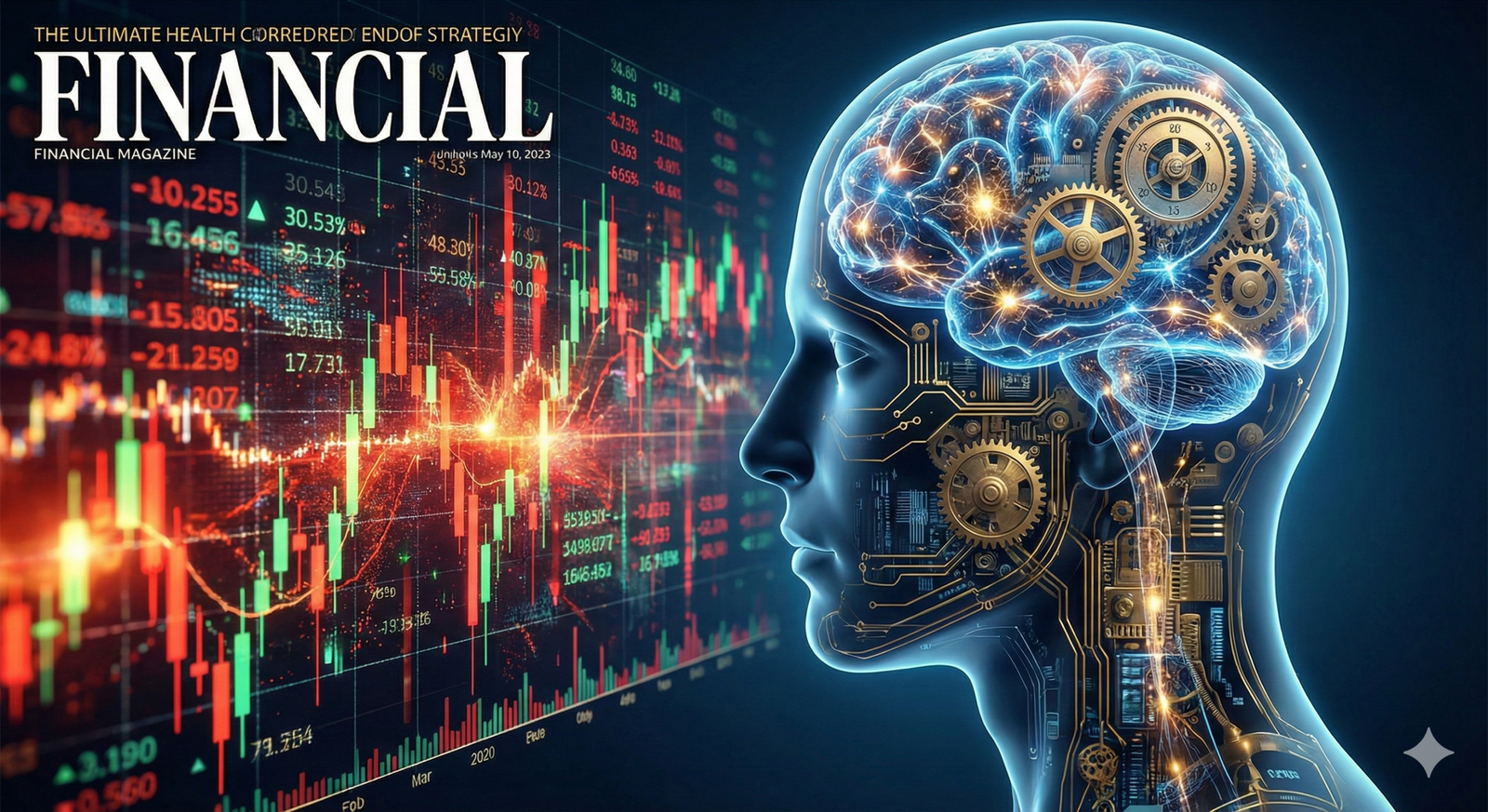 A futuristic human head with a circuit brain, overlaying stock market charts, symbolizing finance and advanced technology.