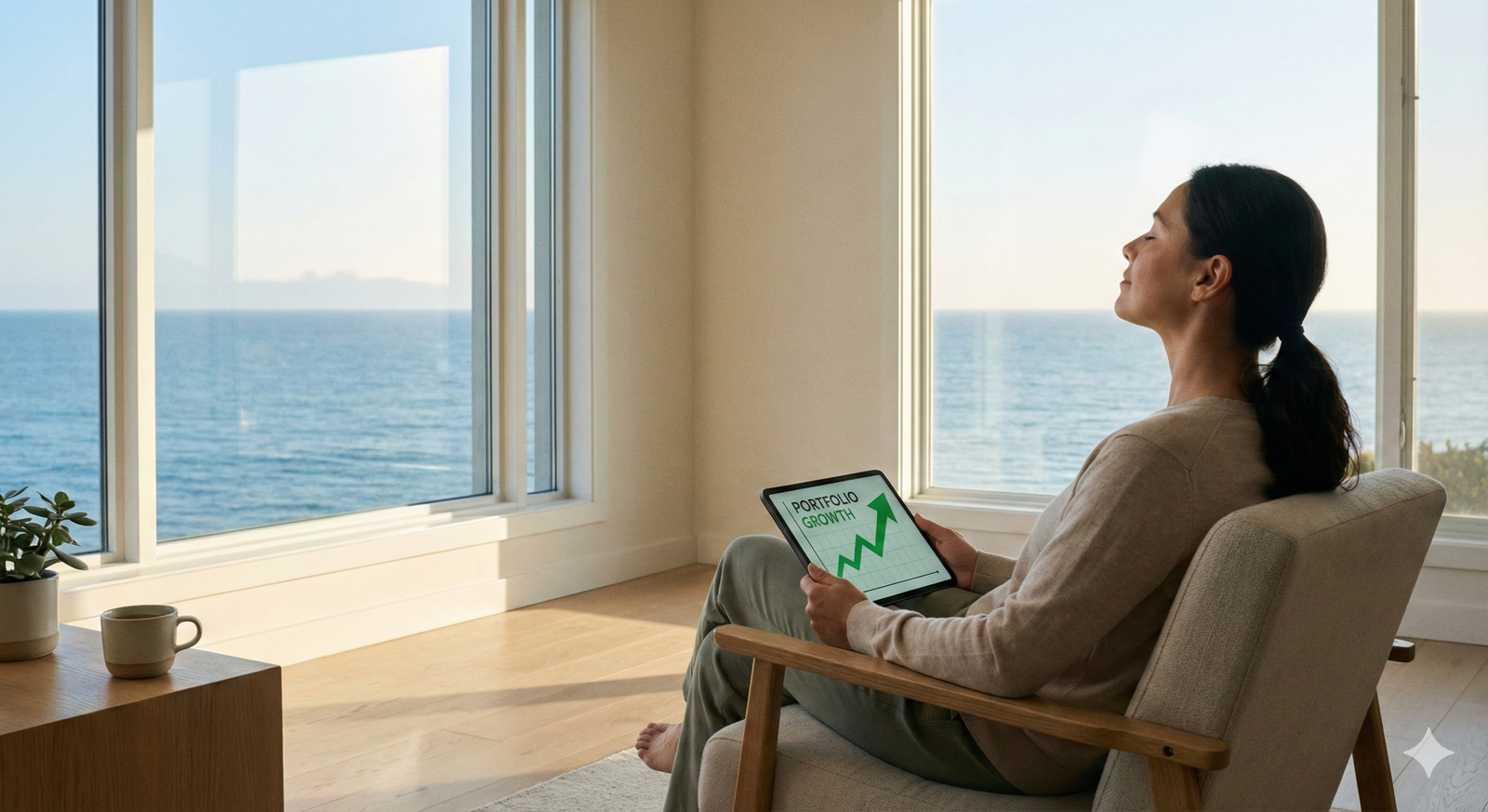 Woman sitting in a sunlit room, smiling while reviewing a growing investment portfolio on a tablet with an ocean view.