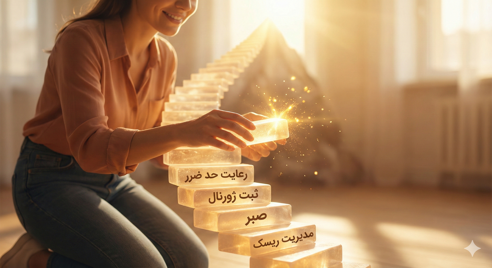 A woman places a glowing block on a staircase of transparent blocks, symbolizing progression and success in her journey.