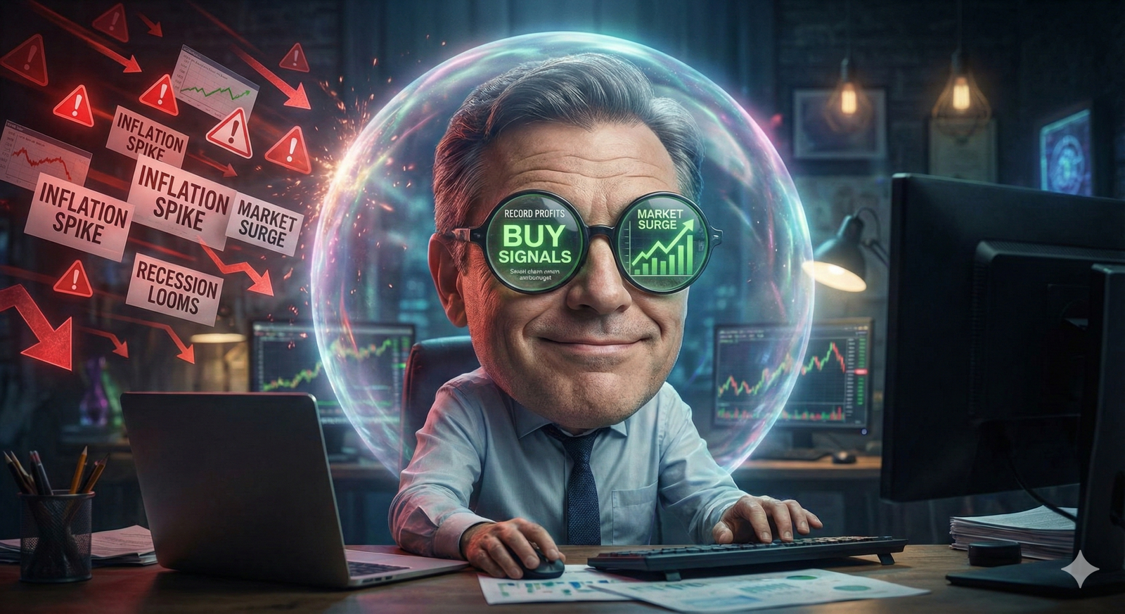 An animated character with oversized glasses, analyzing market data, surrounded by financial alerts and charts in a trading r