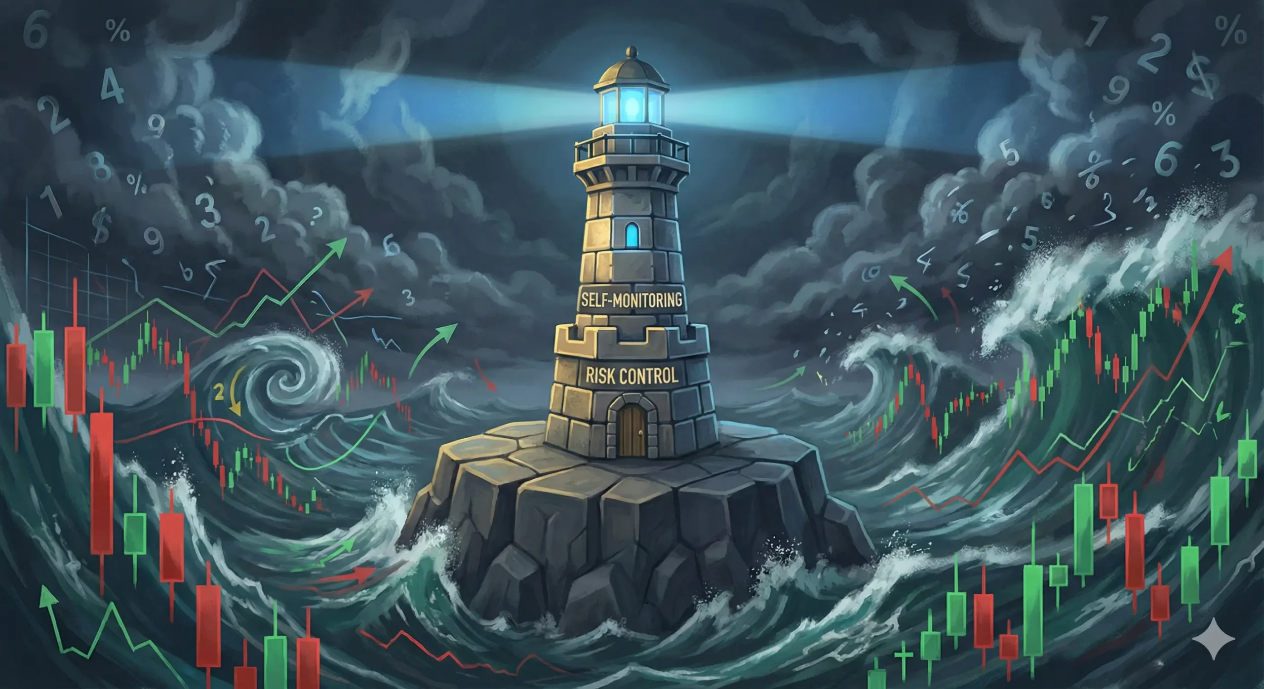 A lighthouse symbolizing risk control amidst stormy seas and financial charts, highlighting self-monitoring in trading.