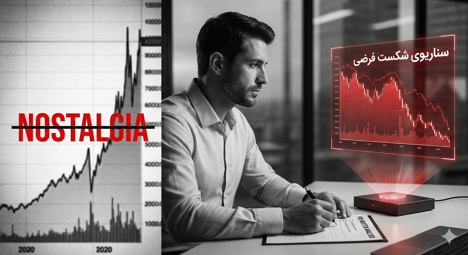 A businessman analyzes declining financial charts with a holographic display, reflecting on changes in market trends.