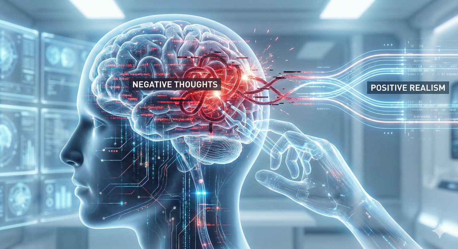 Illustration of a brain showing a connection between negative thoughts and positive realism, highlighting mental transformati