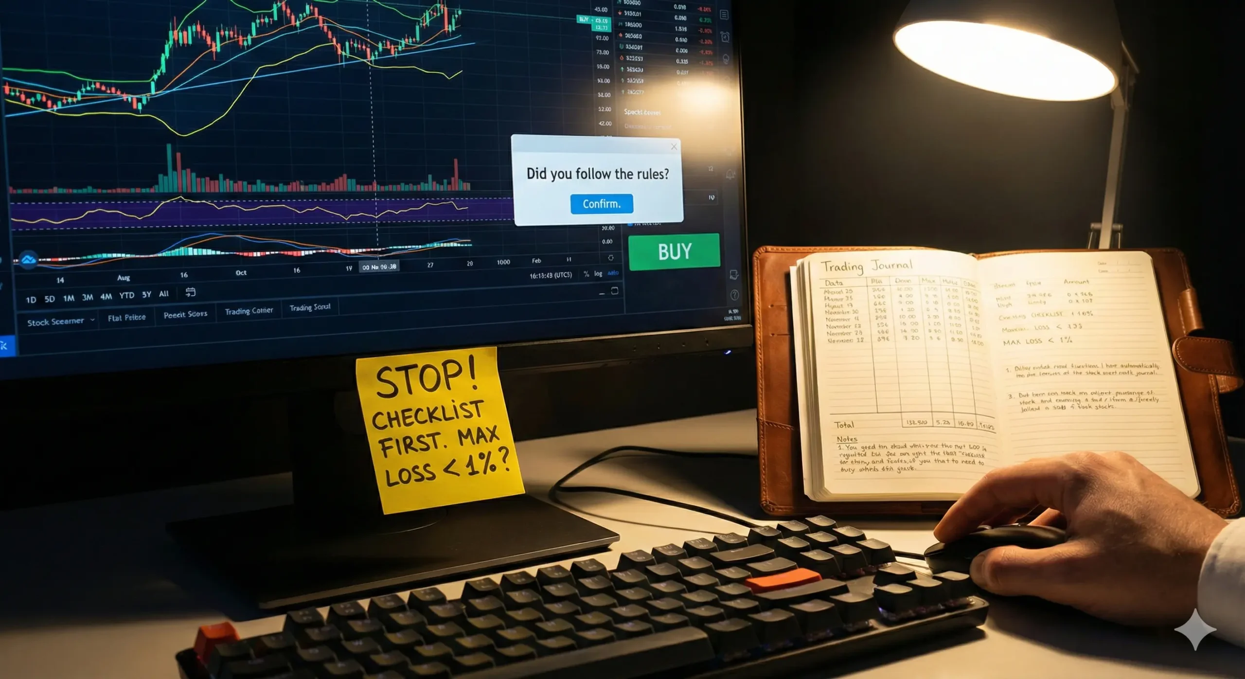 A trader reviews charts on a computer while taking notes in a journal, with a reminder sticky note nearby.