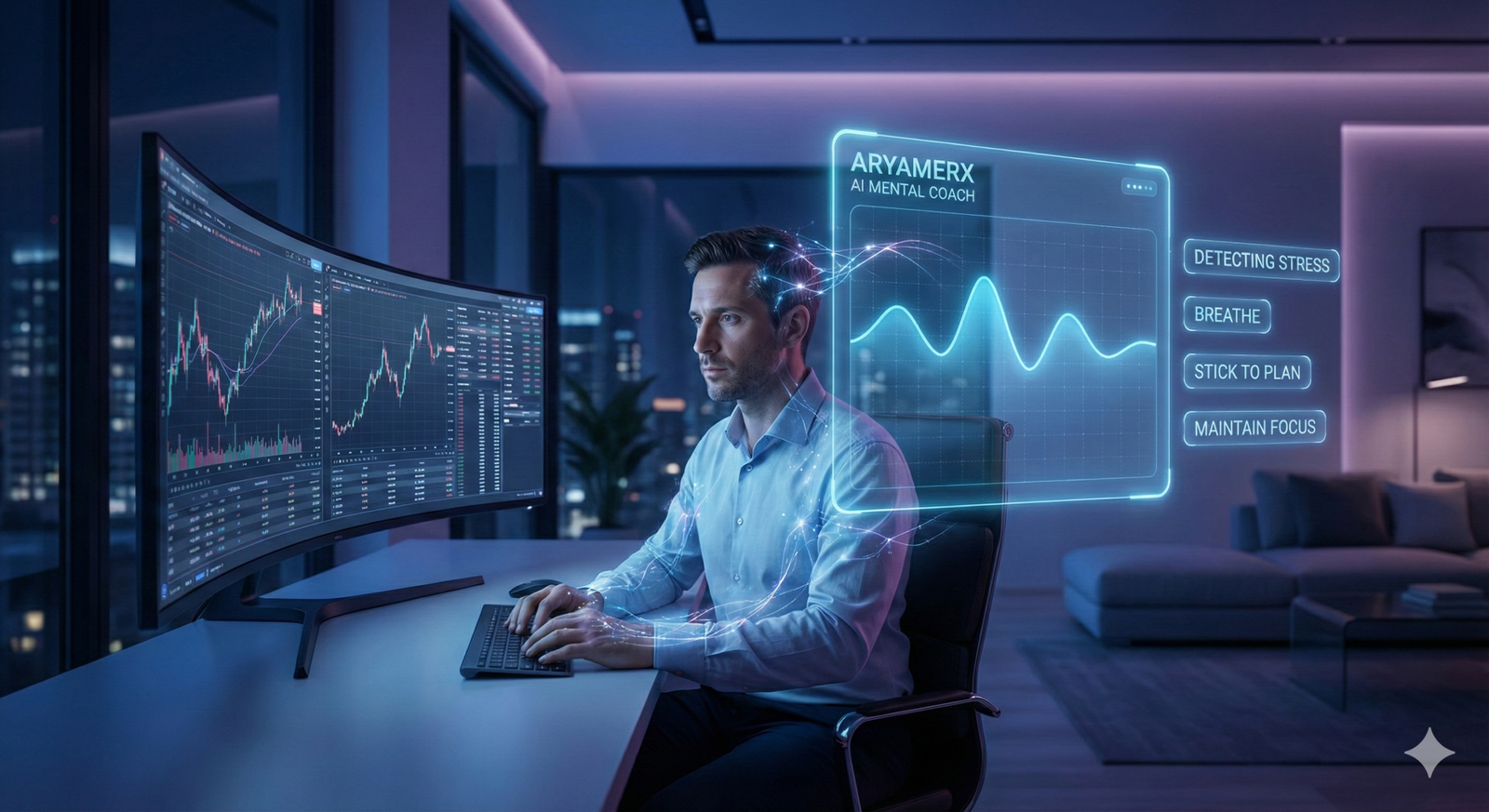 A businessman analyzes stock trends on a dual monitor setup while using an AI mental coach for stress management.