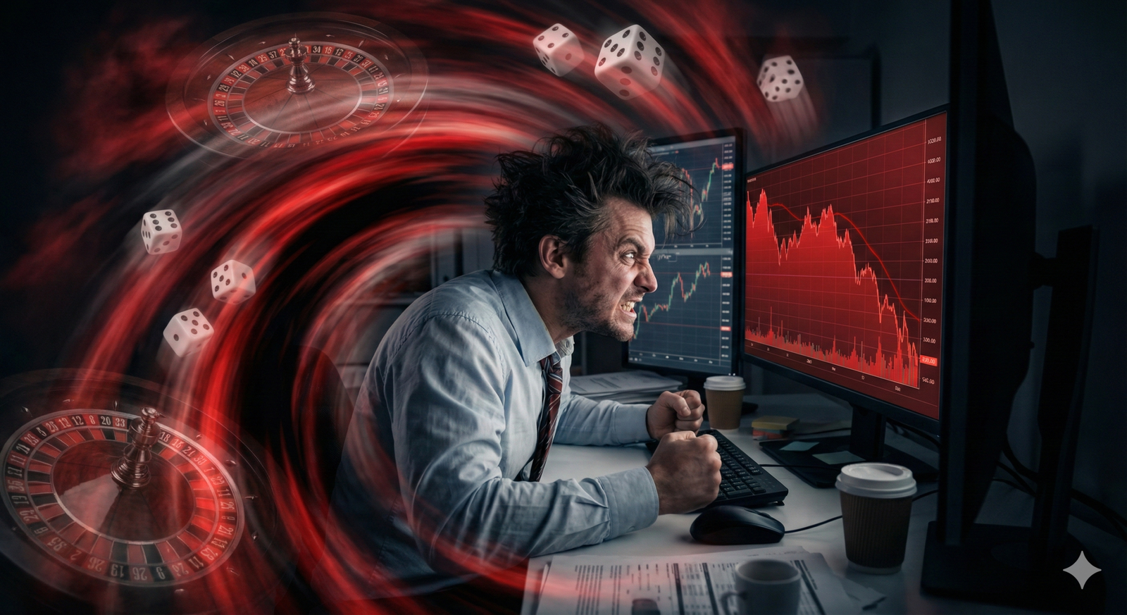 Stressed man in a suit grips his desk, watching declining graphs and spinning roulette, surrounded by floating dice.